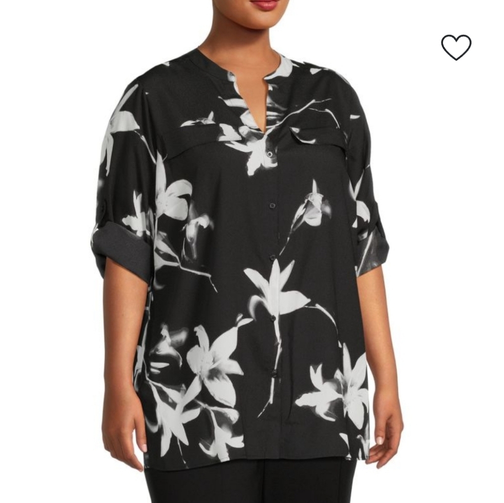 Calvin Klein Floral Print Black White Blouse Size 2X
